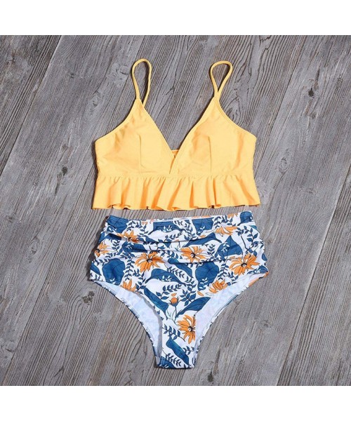 Sets Women's Sexy High Waisted Swimwear Ruffled Print Two Piece Swimsuit Beachwear Brazilian Bikini Set - A-yellow - CV194RMYZQO