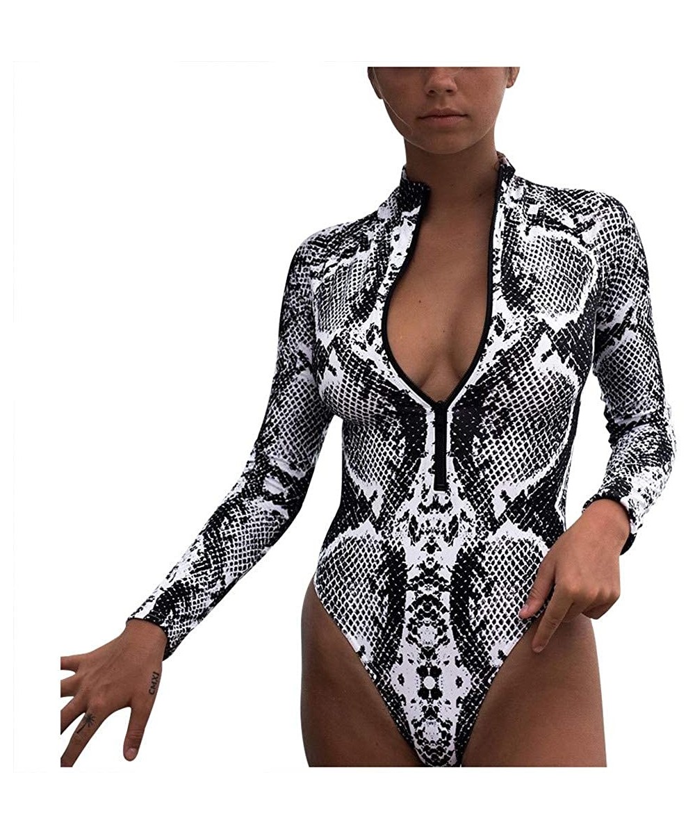 One-Pieces Women's Long Sleeve Bikini Leopard Print Set Swimsuit One Piece Filled Bra Swimwear Beachwear - Gray - C9194QYTIDW