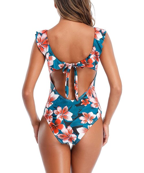 One-Pieces Womens One Piece Swimsuit Flounce Ruffled Back Tie Monokini V Neck Stripe Swimwear - Floral Stripe - CB1968IIISZ