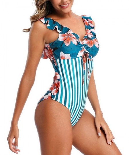 One-Pieces Womens One Piece Swimsuit Flounce Ruffled Back Tie Monokini V Neck Stripe Swimwear - Floral Stripe - CB1968IIISZ