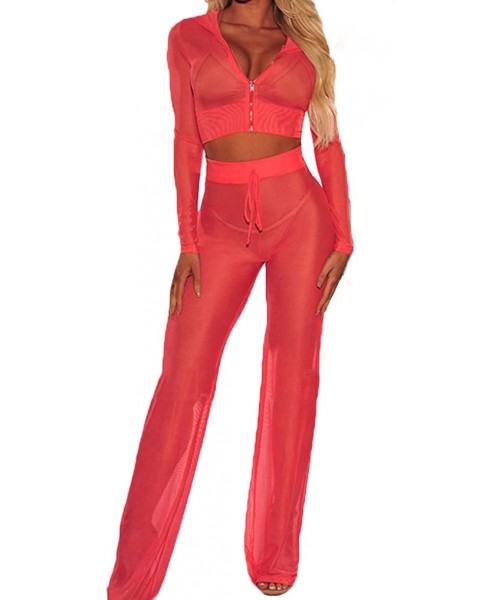 Cover-Ups Women See Through Sheer Mesh Bandage Two Piece Bikini Cover Up Hoodie Crop Tops and Legging Pants - Red - CD18G9AKNNE