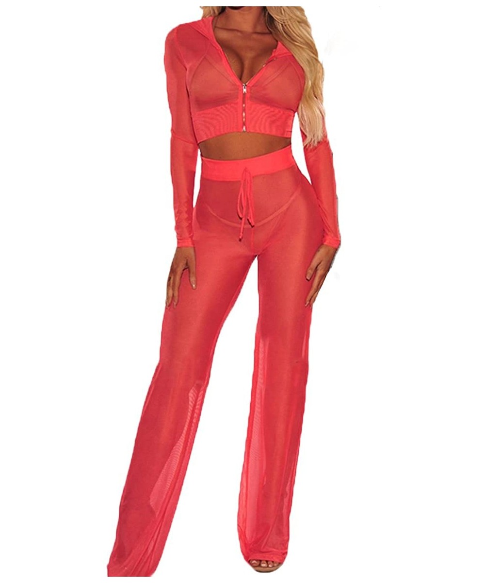 Cover-Ups Women See Through Sheer Mesh Bandage Two Piece Bikini Cover Up Hoodie Crop Tops and Legging Pants - Red - CD18G9AKNNE