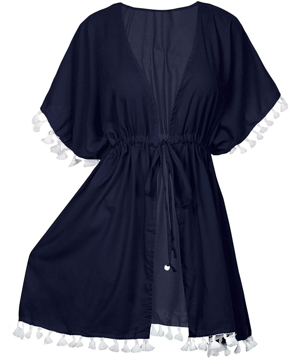 Cover-Ups Womens Loose Kimono Cardigan Beach Coverup Capes Blouse Top Solid Plain - Navy Blue_b51 - C6180M756Z0