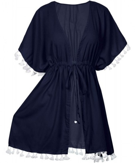 Cover-Ups Womens Loose Kimono Cardigan Beach Coverup Capes Blouse Top Solid Plain - Navy Blue_b51 - C6180M756Z0