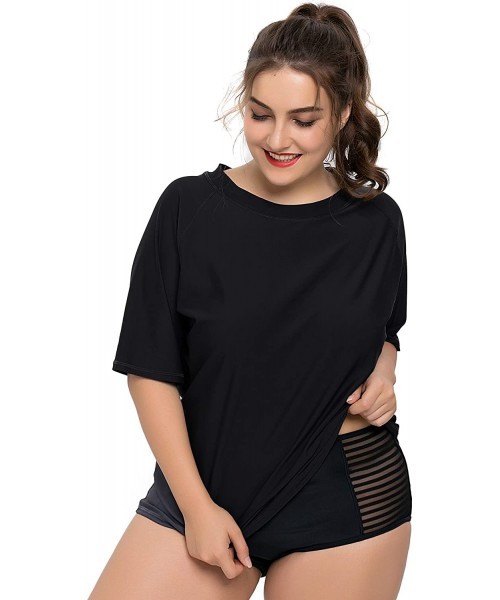 Rash Guards Womens Plus Size Long Sleeve Rash Guard Top Zipper Swimsuit Swim Shirt - Black(solid) - CH184YLWXAX