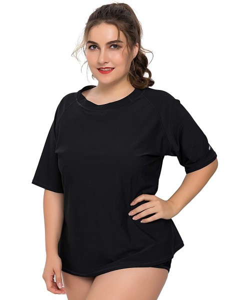 Rash Guards Womens Plus Size Long Sleeve Rash Guard Top Zipper Swimsuit Swim Shirt - Black(solid) - CH184YLWXAX