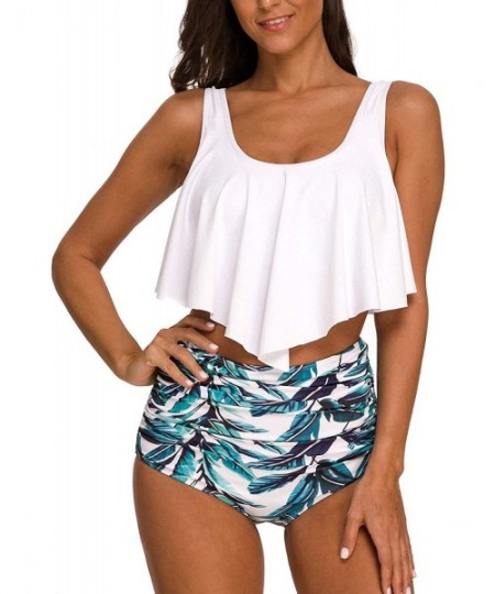 Sets Women's High Neck Two Piece Bathing Suits Top Ruffled High Waist Swimsuit Tankini Bikini Sets - White - CA18RS9Z7MU