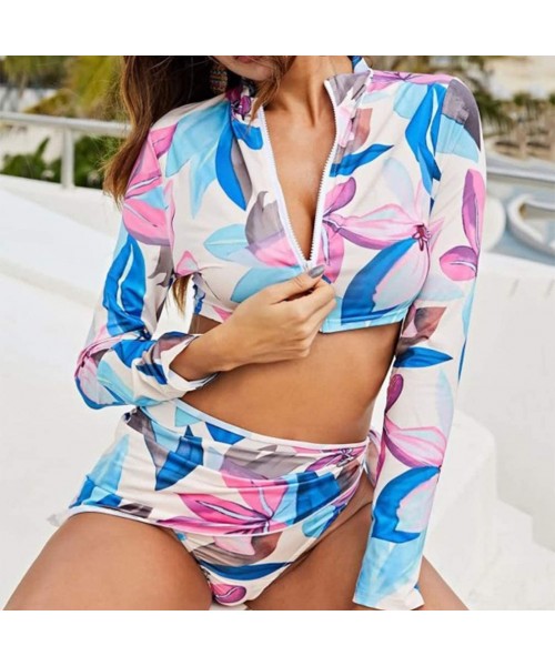 Tankinis Women Floral Long Sleeve Tie Side 2-Pieces Swimsuit Bathing Suit Swimwear - Zipper 4 - C7192R9T90W