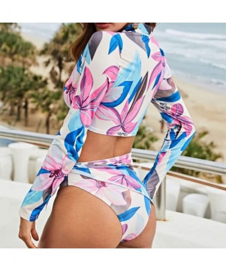 Tankinis Women Floral Long Sleeve Tie Side 2-Pieces Swimsuit Bathing Suit Swimwear - Zipper 4 - C7192R9T90W