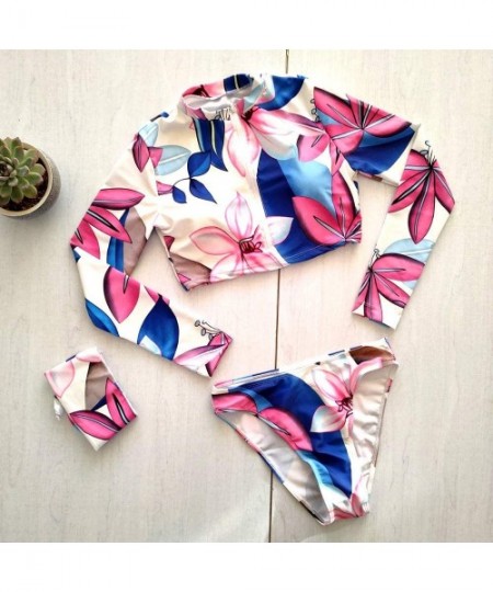 Tankinis Women Floral Long Sleeve Tie Side 2-Pieces Swimsuit Bathing Suit Swimwear - Zipper 4 - C7192R9T90W