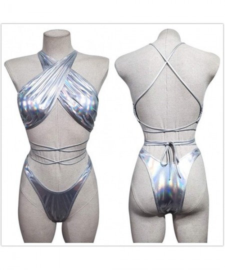 One-Pieces Women Sexy Bikini Hologram One Piece Swimsuit Plush Up Swimwear Bathing Suit for Rave Festival Party Club Silver -...