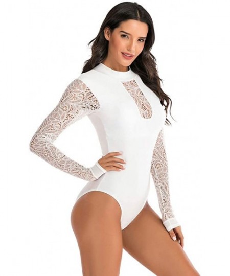 Sets Women Swimsuit UV Sun Protection Long Sleeve Rash Guard Wetsuit Swimsuit One Piece Floral Printed Swimwear White - CK194...