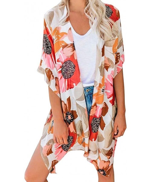 Cover-Ups Womens Long Kimono Cardigan- Leopard Floral Print Tops Swimwear Beach Smock - 6 Orange - C418TT0AKHE