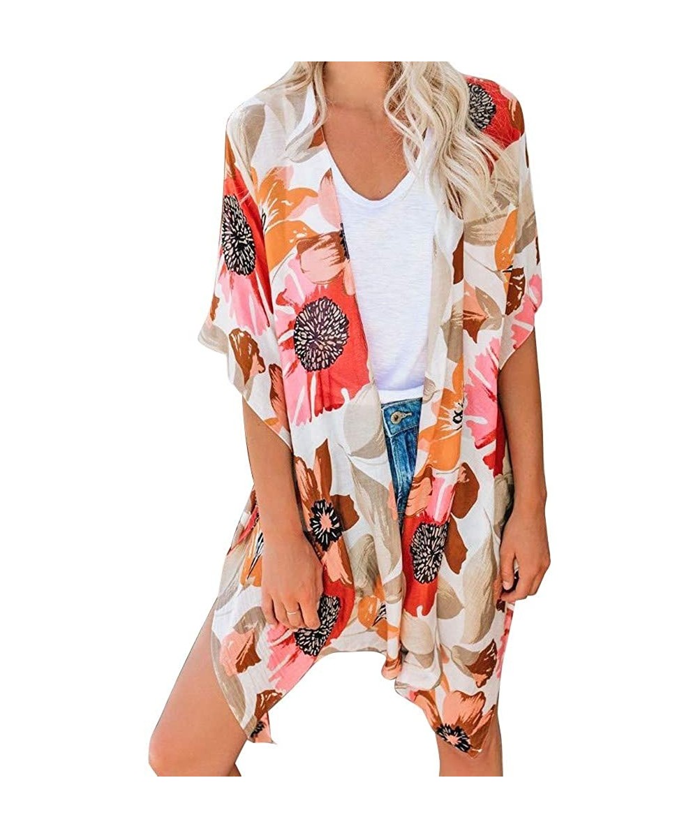 Cover-Ups Womens Long Kimono Cardigan- Leopard Floral Print Tops Swimwear Beach Smock - 6 Orange - C418TT0AKHE