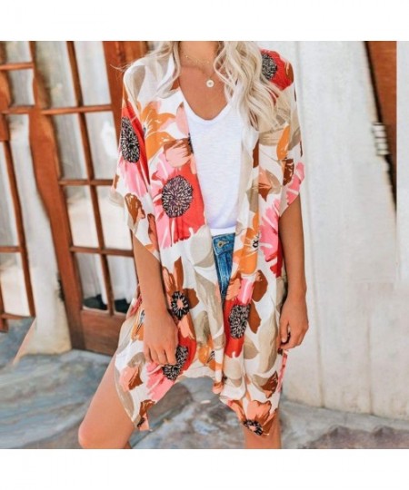 Cover-Ups Womens Long Kimono Cardigan- Leopard Floral Print Tops Swimwear Beach Smock - 6 Orange - C418TT0AKHE