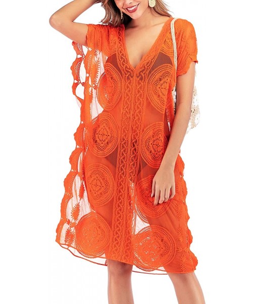 Cover-Ups Womens Sexy V Neck Lace Crochet Sheer Long Oversized Swimsuit Cover Up Beach Dress - Orange2 - CS19326UAYR