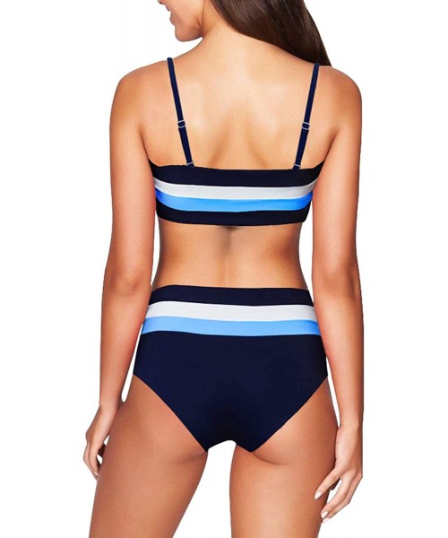 Sets Women's Stripe Reversible Bandeau Bikini Set High Waisted Two Piece Swimsuit - Navy - CV18T5M3IOW