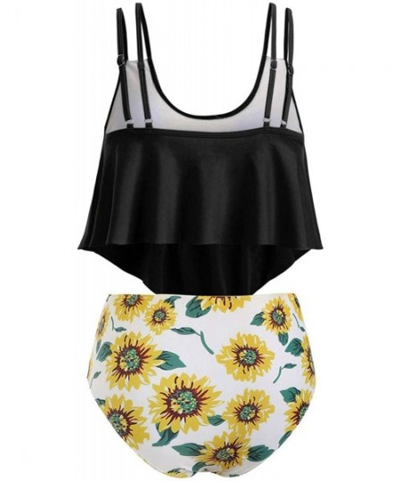 Tankinis Womens Swimsuit Two Piece Tankini Flounce Ruffled Top with High Waisted Sunflower Print Bottom Bathing Suits Black B...