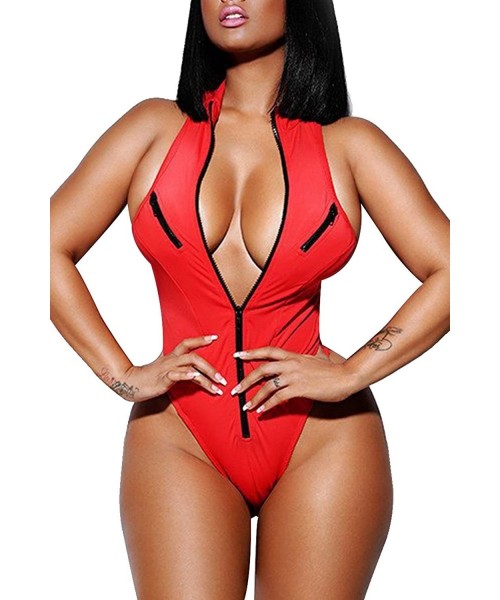 One-Pieces Women's Sexy Hgih Cut Zipper Up V Neck One Piece Monokini Swimwear - Red - CS18EDU4UZY