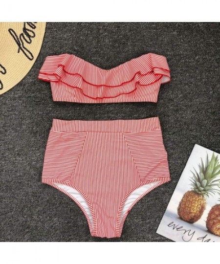 Sets Women Sexy Bikini Set Off Shoulder Swimsuit Top Strapless Ruffle Plaid Swimwear High Waist Shorts Bathing Suit Red - CM1...