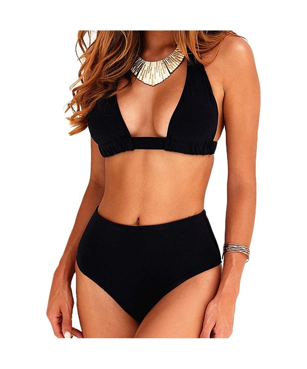 Sets Women's Printed Split High Waist 2 Piece Bathing Suit Bikini Set - Black - CU193R2KNT5