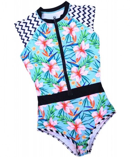 Rash Guards Women's Rashguard Long Sleeve Zip Swimsuit Print Surfing one Piece Swimwear - Floral4 - CZ189UIUMUN