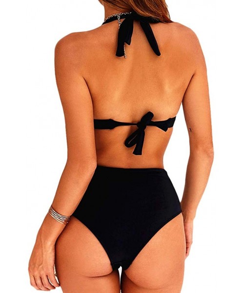 Sets Women's Printed Split High Waist 2 Piece Bathing Suit Bikini Set - Black - CU193R2KNT5