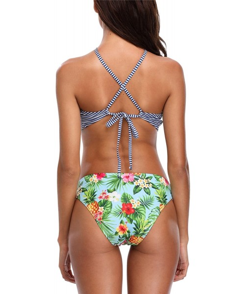 Bottoms Womens Floral Striped Halter High Neck Bikini Swimsuit Set Cross Back - Blue-floral - CD18DOG5QU0