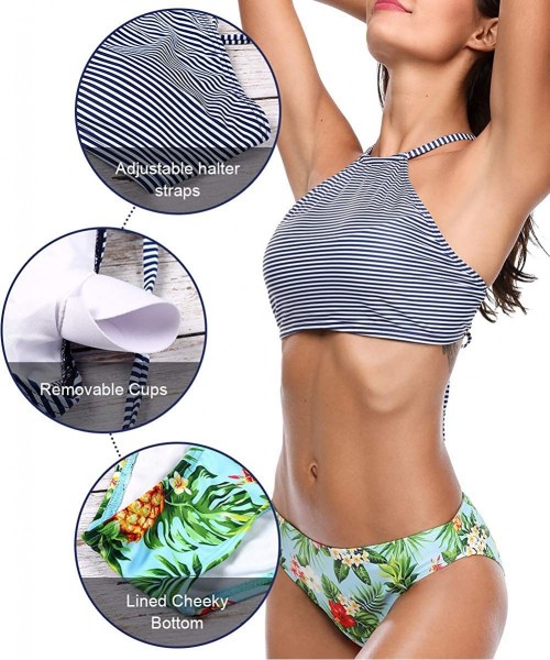 Bottoms Womens Floral Striped Halter High Neck Bikini Swimsuit Set Cross Back - Blue-floral - CD18DOG5QU0