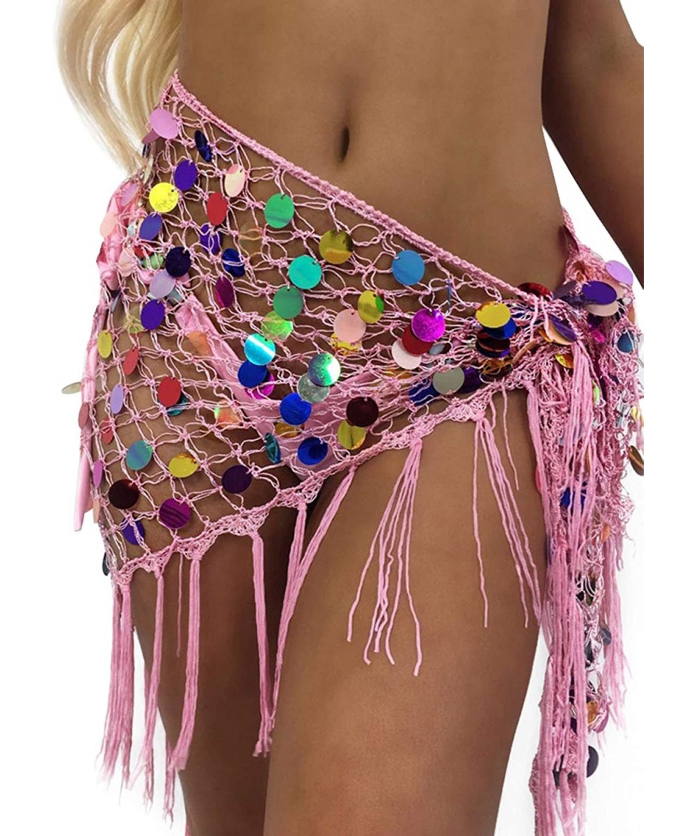 Cover-Ups Women Crochet Beach Cover Up Sarong Sequin Belly Dancer Hip Tassel Wrap Fishnet Bikini Cover Up Beach Mini Skirt Be...