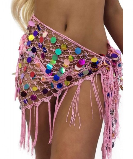 Cover-Ups Women Crochet Beach Cover Up Sarong Sequin Belly Dancer Hip Tassel Wrap Fishnet Bikini Cover Up Beach Mini Skirt Be...