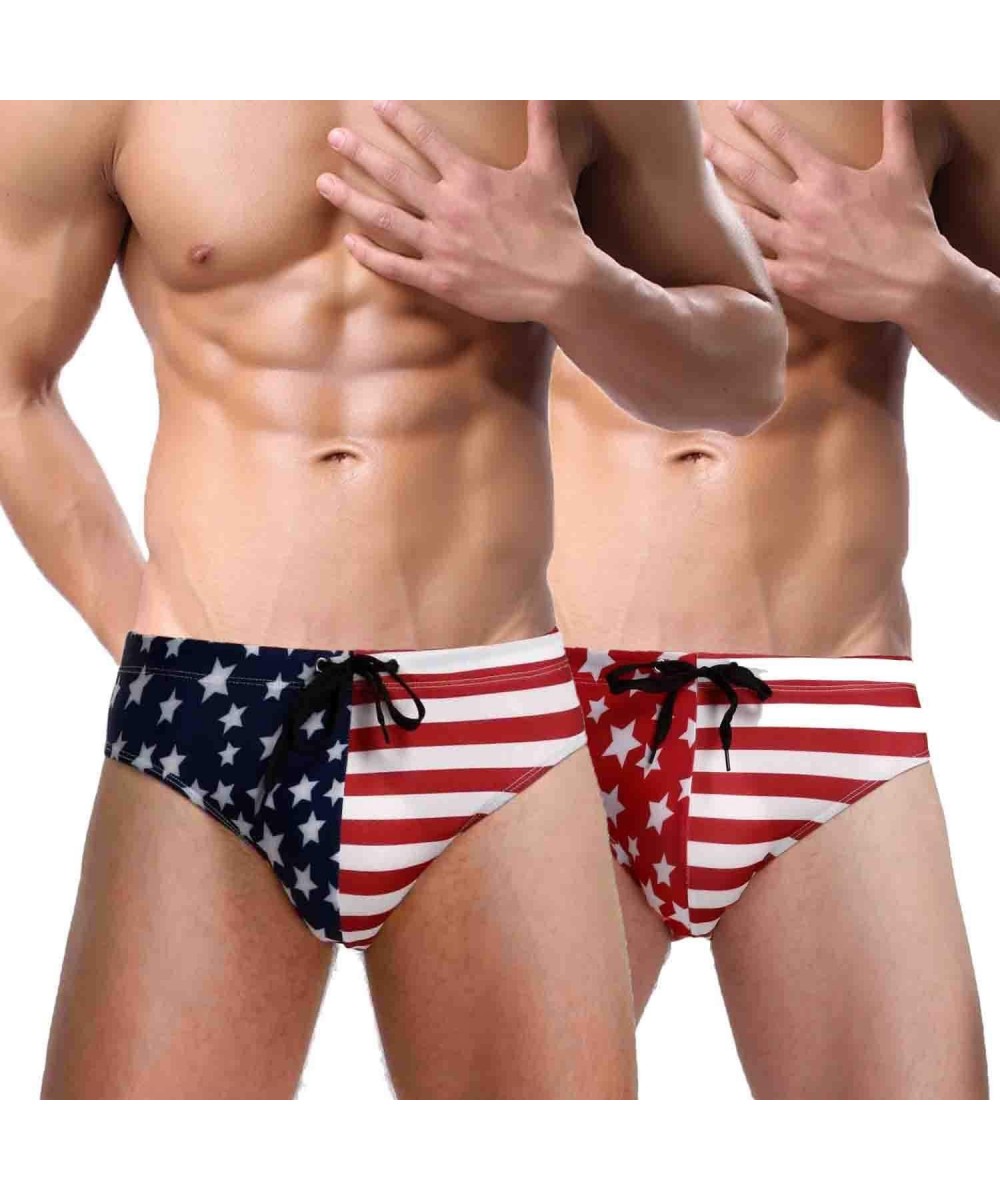 Briefs 2X Men Swim Briefs Swimwear USA Flag Underwear Swimsuit Swimming Training Short - Blue and Red 2pack - CM18R5KA258