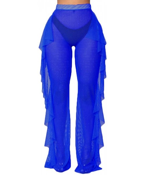 Bottoms Women's Perspective Sheer Mesh Long Pants Swimsuit Bikini Bottom Cover up - C Blue 2 - CS18OY78QUG