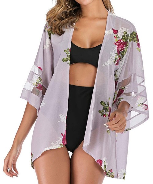 Cover-Ups Women's Mesh Panel Chiffon Cover Up 3/4 Bell Sleeve Floral Kimono Loose Sheer Swimwear Beachwear Bikini Cardigan - ...