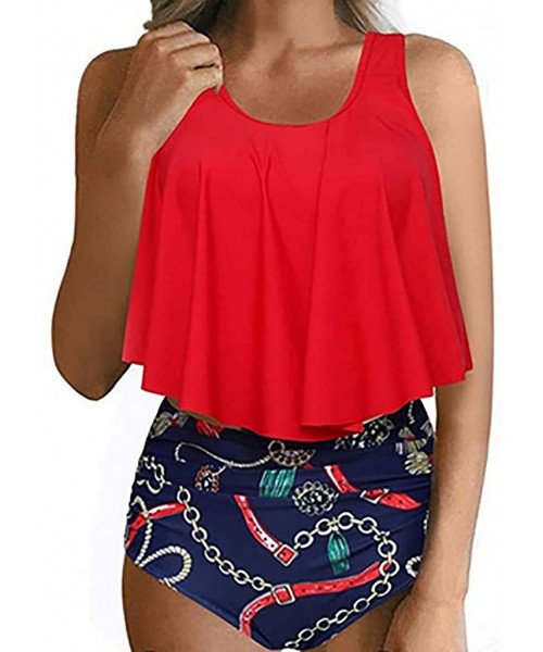 Cover-Ups Swimsuit for Women Two Pieces Top Ruffled Backless Racerback with High Waisted Bottom Tankini Set - M2-red - CC18T2...