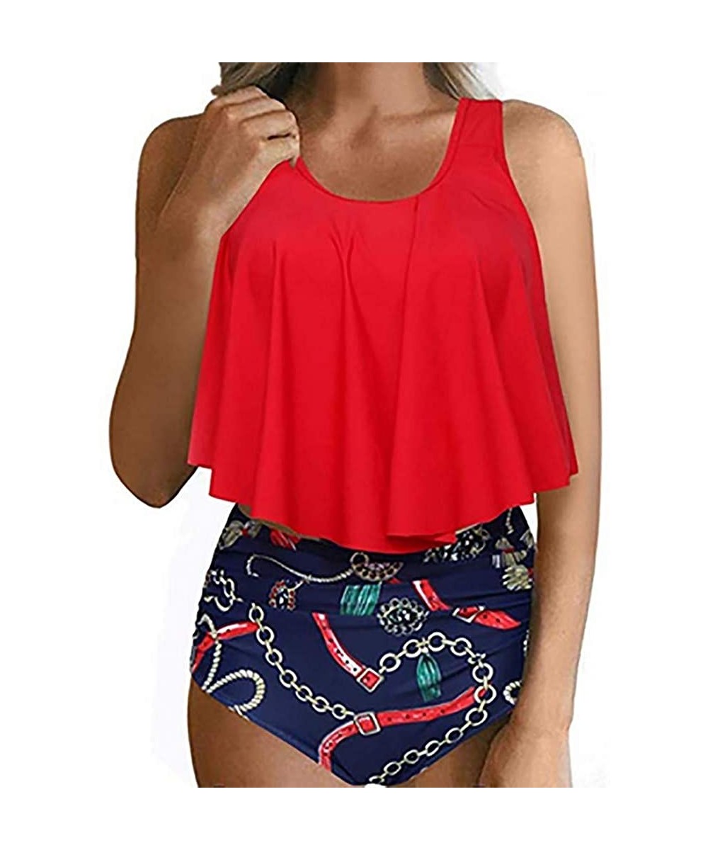 Cover-Ups Swimsuit for Women Two Pieces Top Ruffled Backless Racerback with High Waisted Bottom Tankini Set - M2-red - CC18T2...