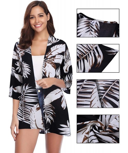 Cover-Ups Women Summer Chiffon Cardigans Open Front Blouse Casual Floral Kimono Cover Up Tops - Black White - C618QSOOLNA