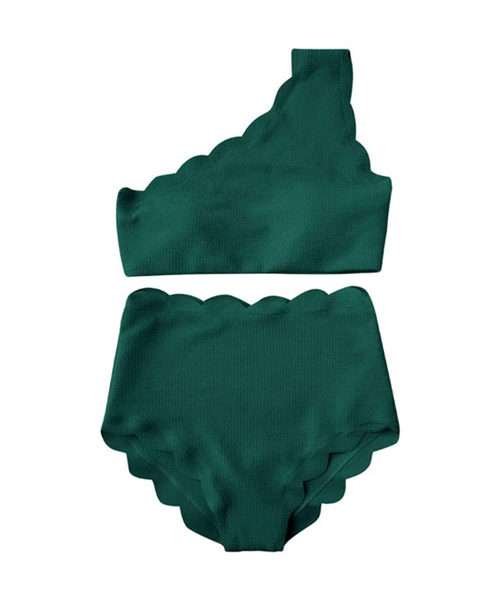 Sets Lady Solid Color Vintage High Waisted Swimsuit Scalloped Trim One Shoulder Bikini Set Two Pieces - Green - CU18RGWCXA0