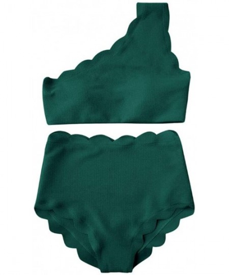 Sets Lady Solid Color Vintage High Waisted Swimsuit Scalloped Trim One Shoulder Bikini Set Two Pieces - Green - CU18RGWCXA0