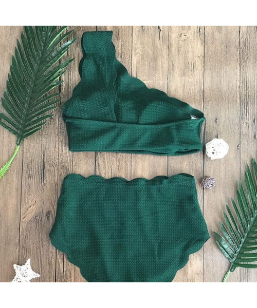 Sets Lady Solid Color Vintage High Waisted Swimsuit Scalloped Trim One Shoulder Bikini Set Two Pieces - Green - CU18RGWCXA0