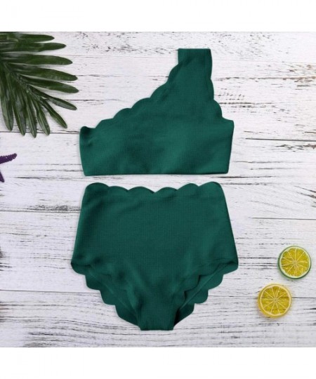 Sets Lady Solid Color Vintage High Waisted Swimsuit Scalloped Trim One Shoulder Bikini Set Two Pieces - Green - CU18RGWCXA0