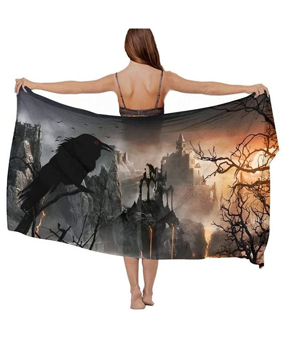 Cover-Ups Women Chiffon Scarf Shawl Wrap Sunscreen Beach Swimsuit Bikini Cover Up - Halloween Castle Crow Raven Forest - CB19...