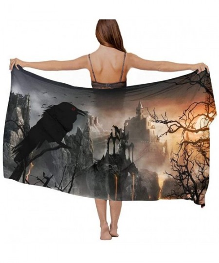 Cover-Ups Women Chiffon Scarf Shawl Wrap Sunscreen Beach Swimsuit Bikini Cover Up - Halloween Castle Crow Raven Forest - CB19...