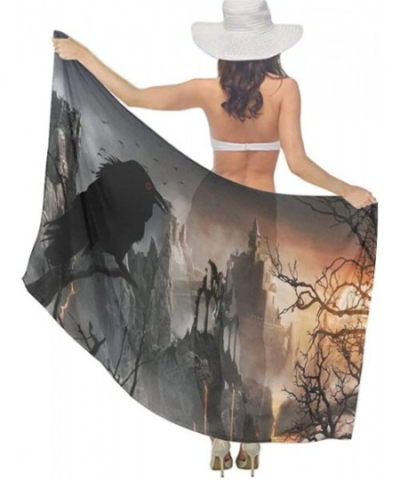 Cover-Ups Women Chiffon Scarf Shawl Wrap Sunscreen Beach Swimsuit Bikini Cover Up - Halloween Castle Crow Raven Forest - CB19...