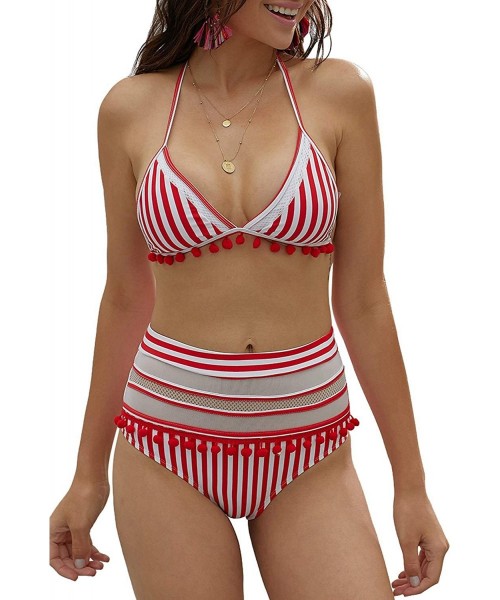 Sets Womens Two Piece Mesh Striped High Waist Bikini Set Tassel Trim Top Swimsuit - Red - CL18RWZ04UY