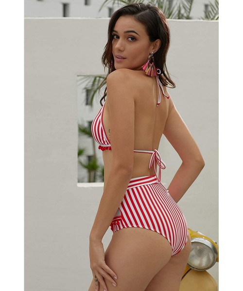 Sets Womens Two Piece Mesh Striped High Waist Bikini Set Tassel Trim Top Swimsuit - Red - CL18RWZ04UY