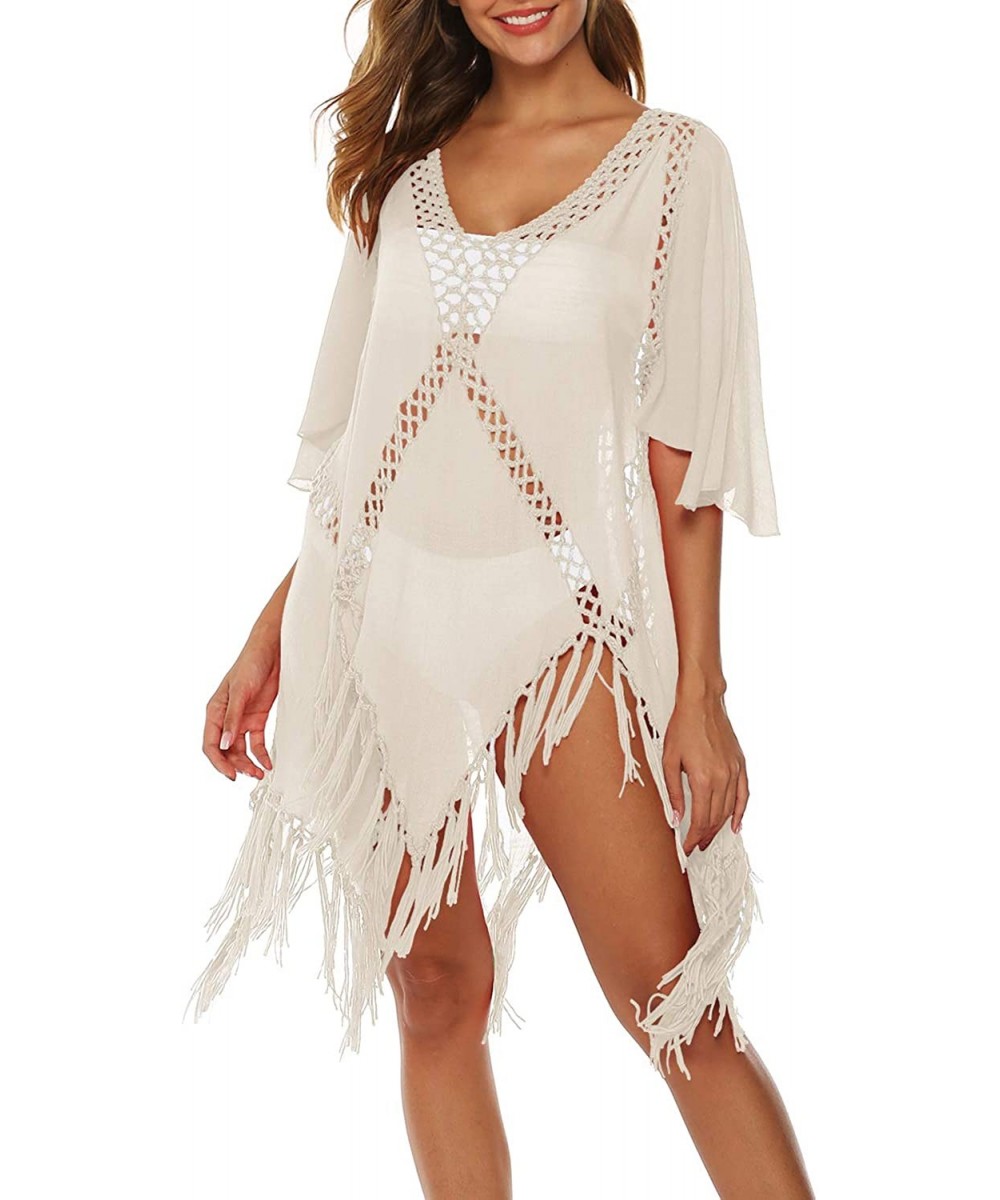 Cover-Ups Womens Swimwear Cover up Summer Swimsuit Crochet Tassel Bikini Beach Coverup - Beige a - C7196CTRYGN