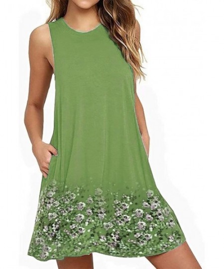 Cover-Ups Sleeveless A line Dress Floral Beach Dress Lounge Tank Dress Tunic Style with Two Pockets Green - CF19CM5D4C9