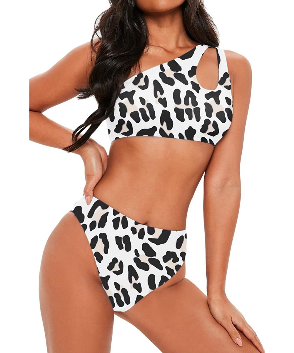 Sets Women's Bikini Set Cutout One Shoulder High Waist Two Piece Swimsuit - Leopard - CI18RESQKGO