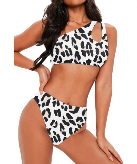 Sets Women's Bikini Set Cutout One Shoulder High Waist Two Piece Swimsuit - Leopard - CI18RESQKGO